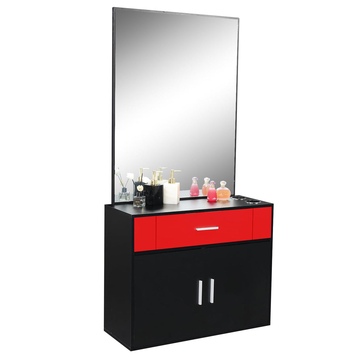 Black Salon Station Makeup Wall Mount Hair Styling Beauty Spa Equipment Set with Mirror Utility Drawer, Storage Cabinet Vanity Set with Mirror Make up Table Spa Beauty Styling Barber Station Equipment