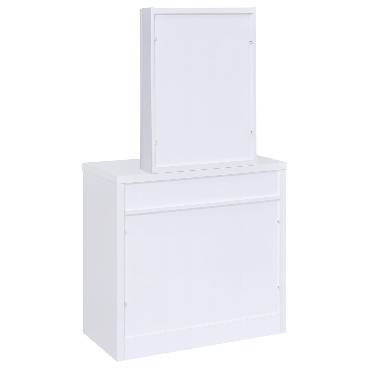 Coaster Home Furnishings Harvey Contemporary 3-Piece 1-Drawer Makeup Vanity Desk with Jewelry Storage Vanity Mirror and White Faux Leather Upholstered Storage Vanity Stool White 300290
