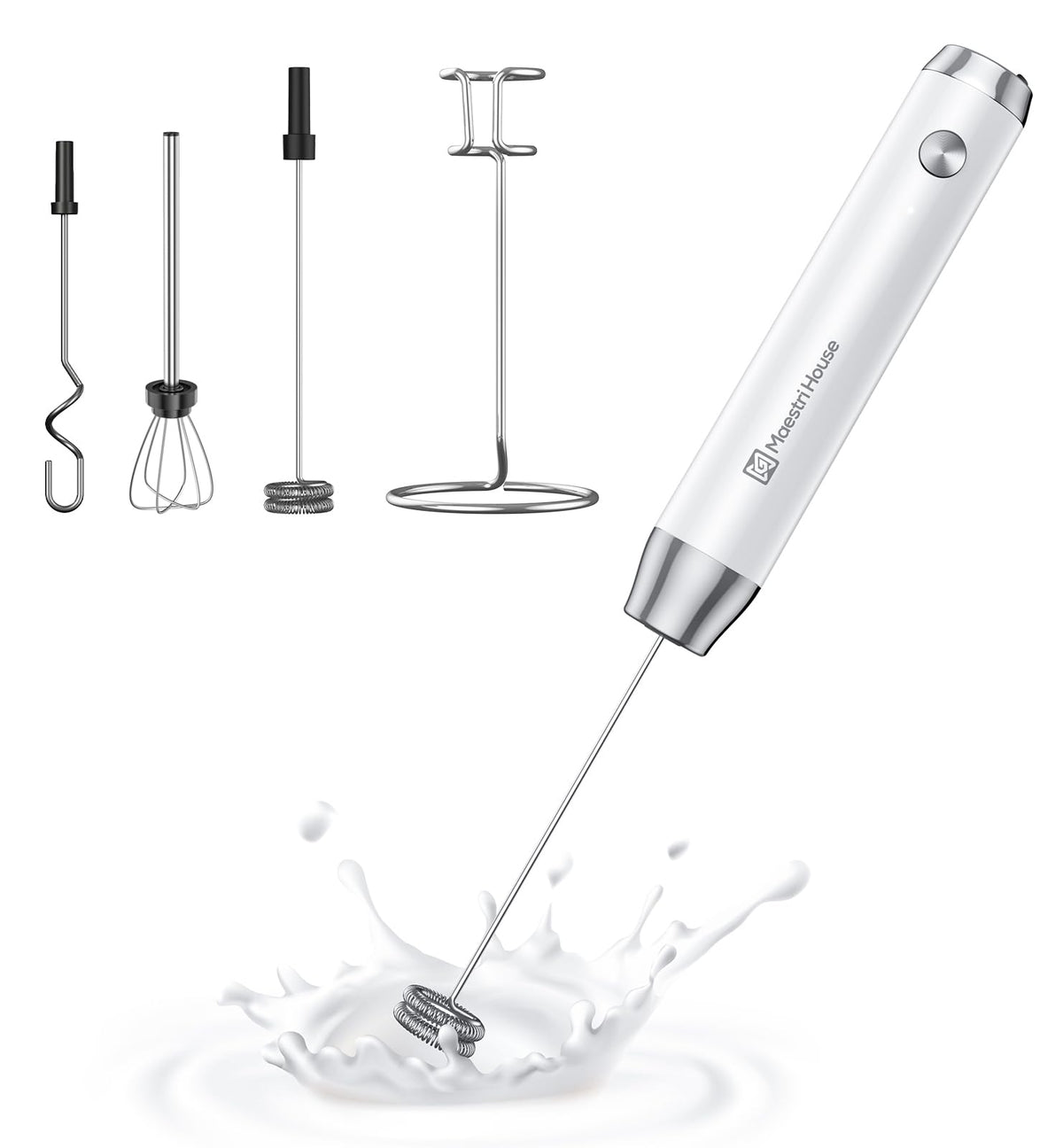Maestri House Rechargeable Milk Frother with 3 Heads, LunaFro AS Handheld Electric Foam Maker Waterproof Detachable Stainless Steel Whisk Drink Mixer Foamer with Stand for Lattes, Cappuccino, Egg