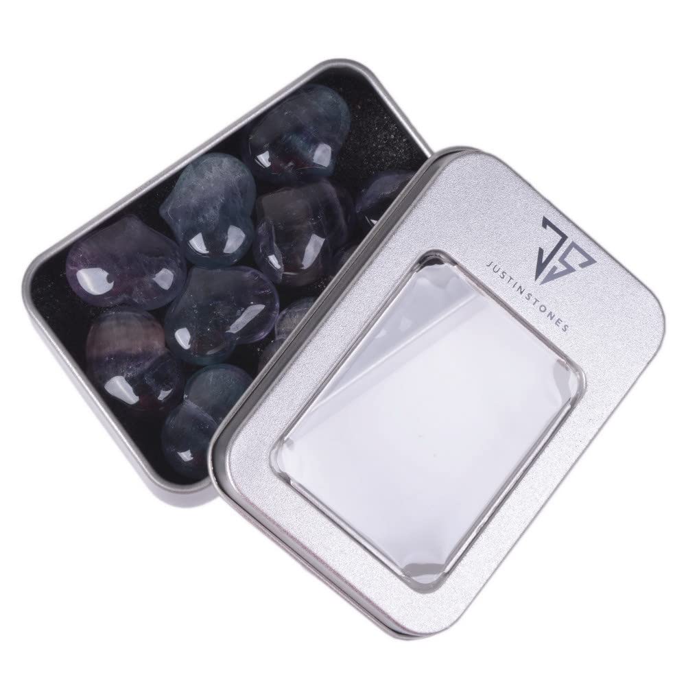 Natural Rainbow Fluorite Gemstone Healing Crystal 1 inch Mini Puffy Heart Pocket Stone Iron Gift Box (Pack of 10)