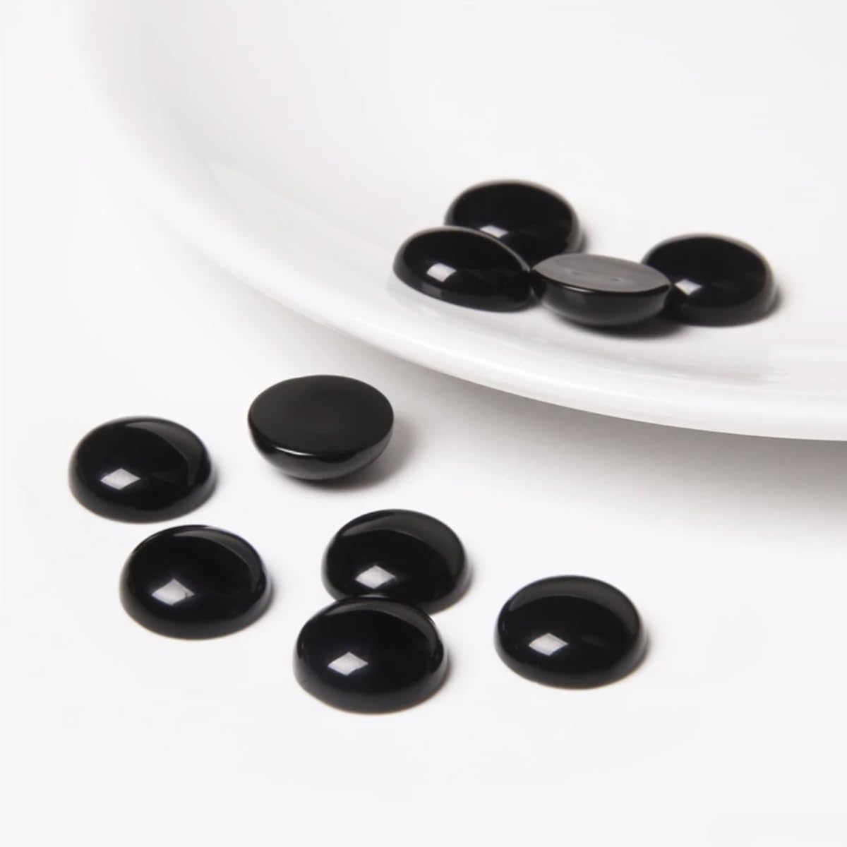 20pcs 14mm Natural Stone No Hole Black Agate Semicircle Smooth Cabochons Beads Healing Chakra Crystal Stone Bead for Jewelry Making Rings Earrings Necklace Bracelet DIY Crafts