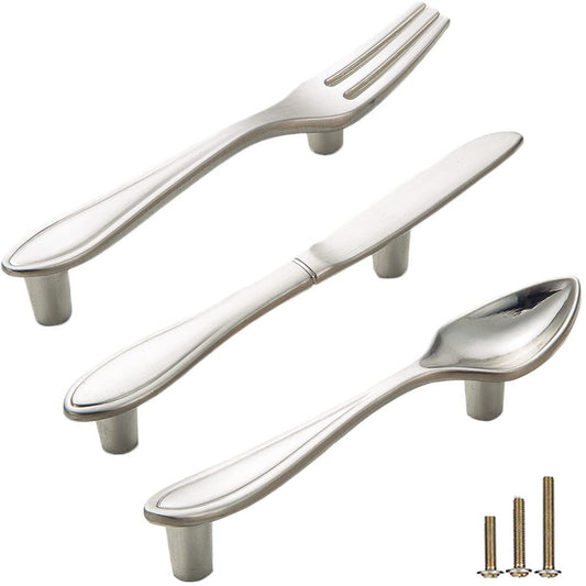 Sinyiol 3Pcs Funny Cutlery Tableware Cabinet Pulls,Creative Spoon Fork Knife Shape 3" Hole Center Vintage Kitchen Cupboard Pulls Handles,Cute and Fun (Mixed Pack, Silver, 3Pcs)