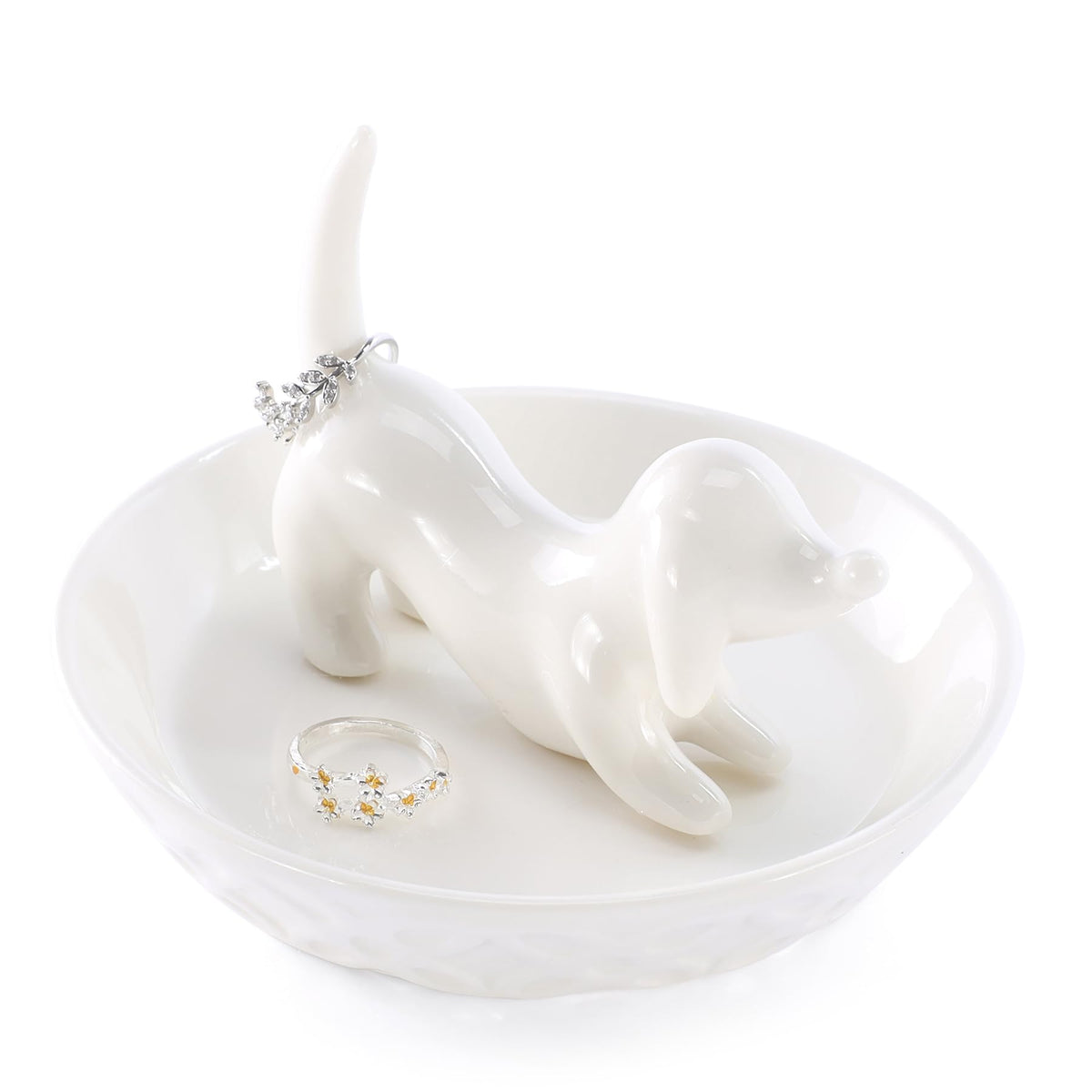 HOME SMILE Dog Ring Holder,Ceramic White Jewelry Tray Holder,Dog Mom Gifts for Women Christmas Valentines Mothers Day