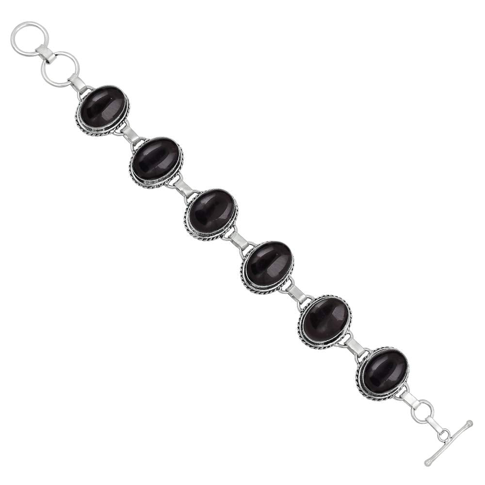 Natural Black Onyx Silver Plated Handmade Link Bracelet for Women - July Birthstone Oval Gemstone Adjustable Bracelet Vintage Style Jewelry - Wedding Christmas Gifts for Her