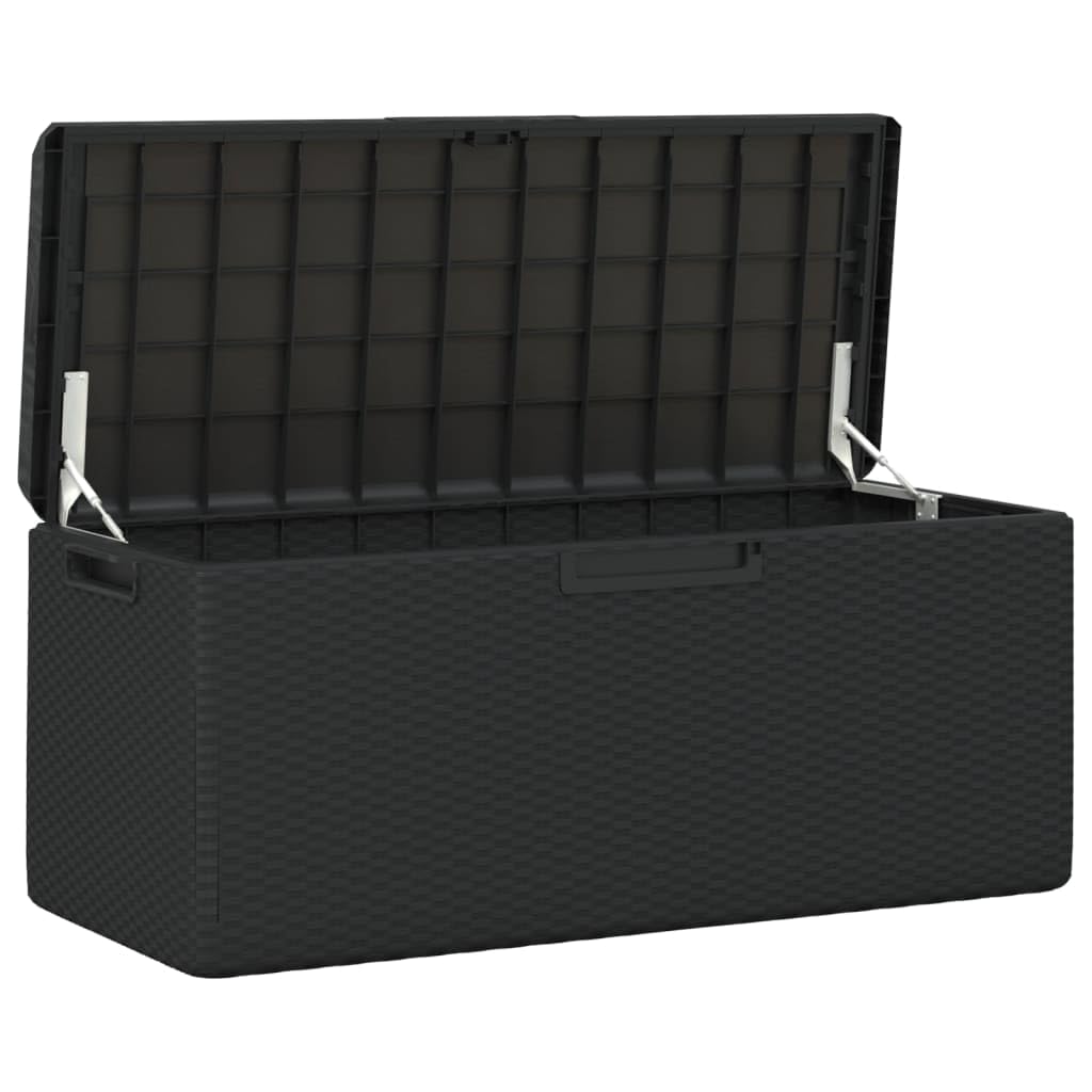 RCODSSK Rattan Look PP Storage Box with Seat Cushion, 92.5 gal Anthracite Patio Storage Chest for Cushions, Pillows, Blankets, and Toys, Gas-Lift Design, Lockable Outdoor for Garden