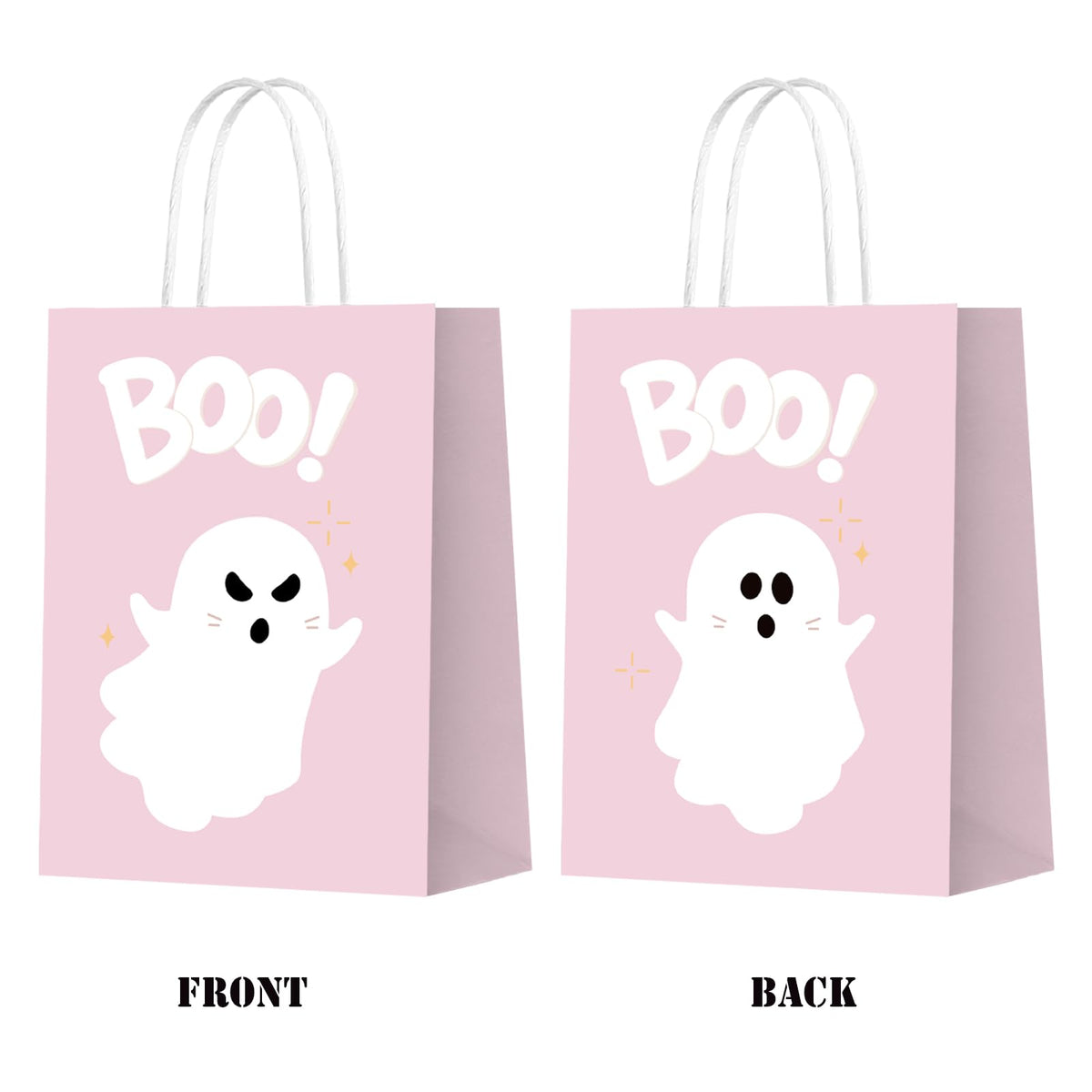 KERINGO 16 PCS Halloween Kraft Paper Gift Bags Pink Ghost Boo Design with Handles for Halloween Themed Trick or Treat Party Favors Supplies