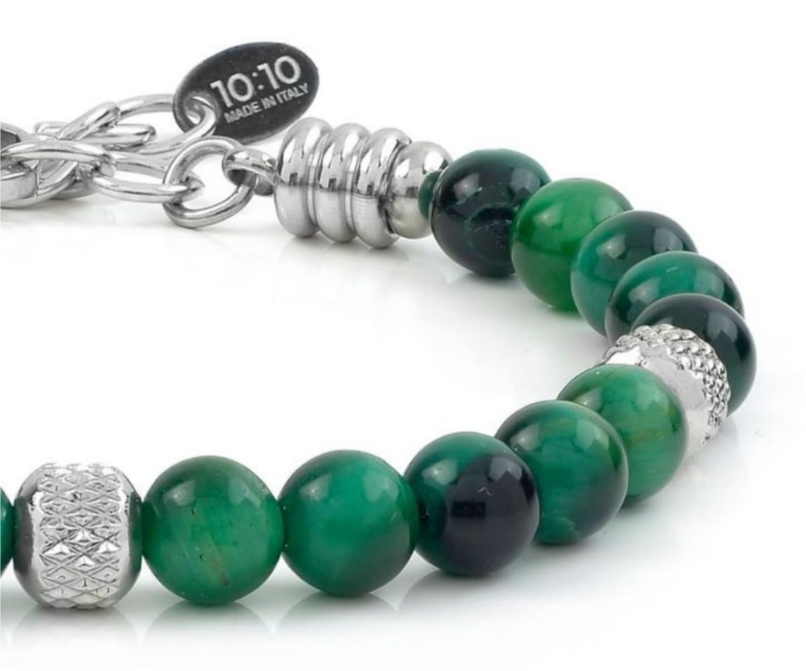 10:10 Beaded Bracelets for Men and Women – Natural Green Tiger Eye Gemstones and Stainless Steel – Adjustable, Durable and Elegant – Made in Italy