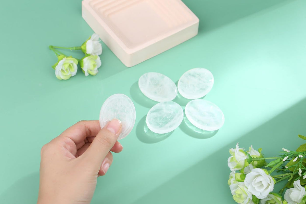 NUKAYAI Thumb Worry Stone Clear Quartz Crystals Oval Tiny Fidget Healing Crystal Natural Meditation Accessories Stress Relief Gifts Reiki Palm Small Trinkets Pocket Anxiety Relief Items for Women Men