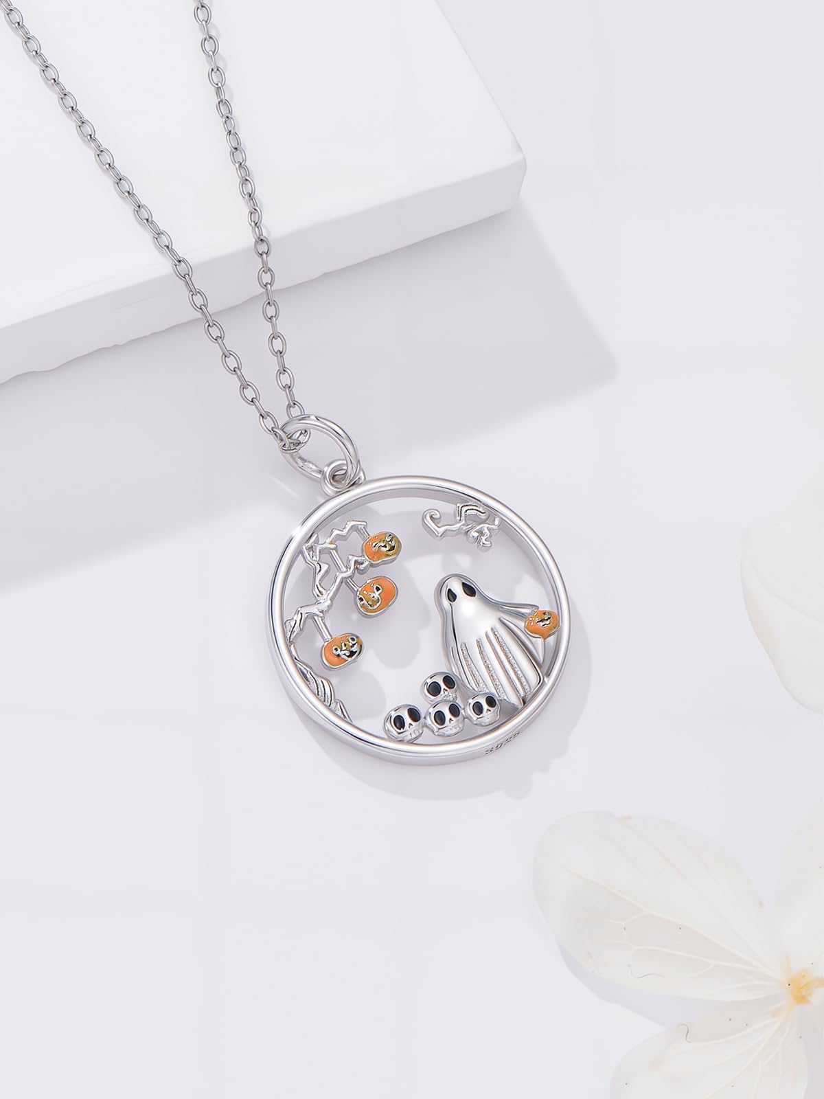 Dorunmo Ghost Pumpkin Necklace 925 Sterling Silver Ghost Pendant Necklace Halloween Ghost Jewelry Gifts for Women