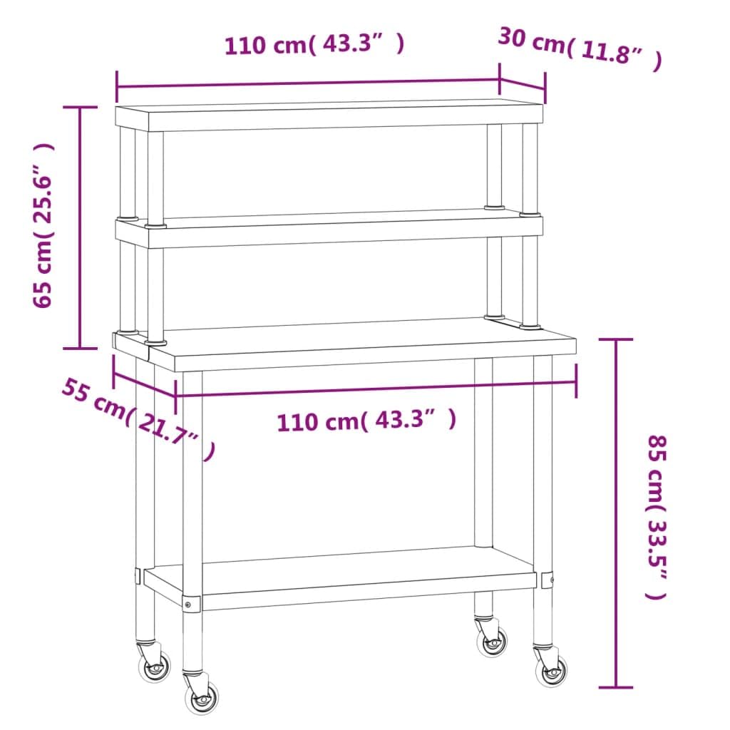 ZXQVLMRS Stainless Steel Kitchen Prep Table with Overshelf, Rolling Work Station with Wheels, Commercial Food Preparation Table for Restaurant Home Catering 43.3 x 21.7 x 59.1 Inches