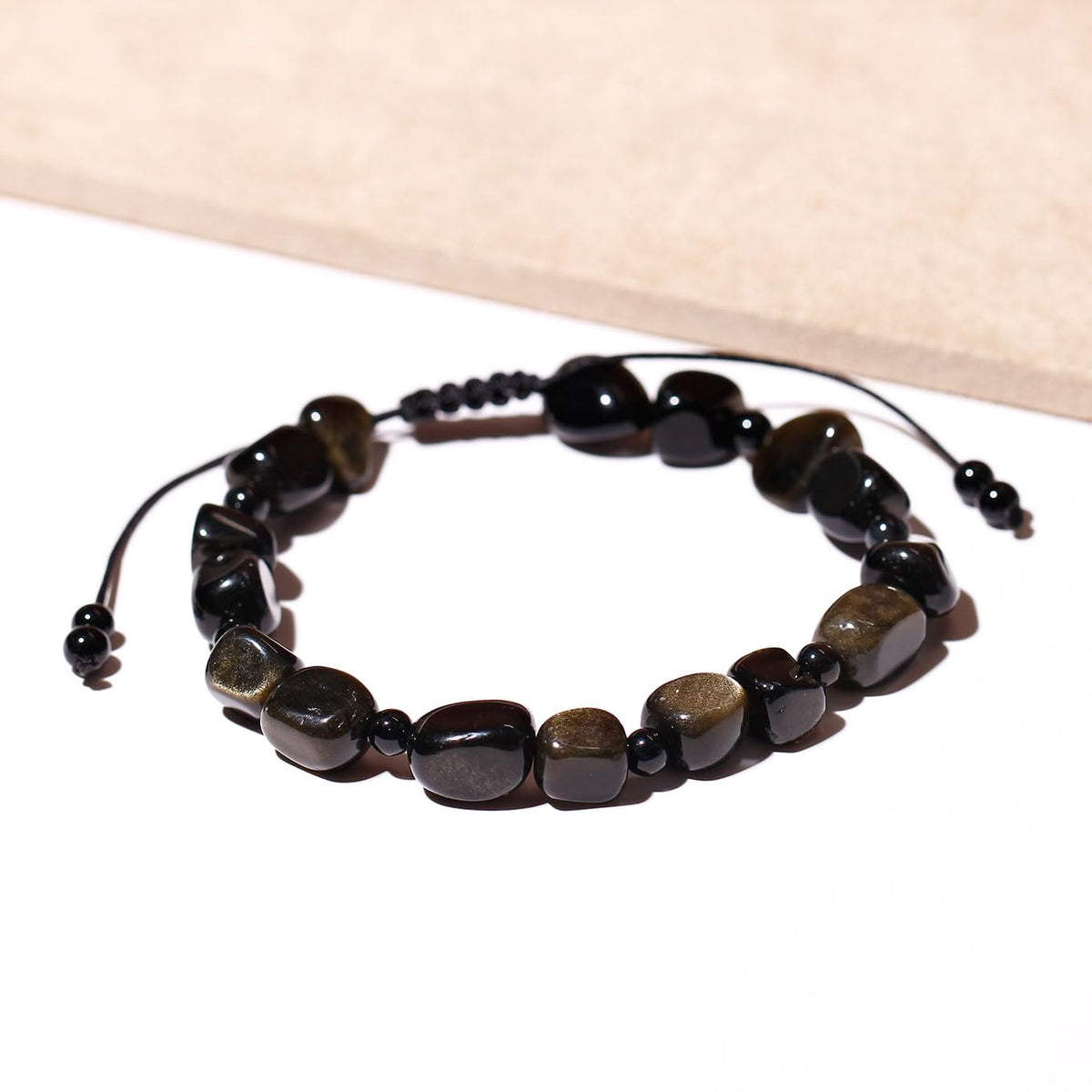 Xfoxstal Adjustable Handmade Irregular Reiki Semi Precious Stones Bracelets for Women Tumbled Crystals Beaded Bracelets 6-7 Inches Unisex (Gold Obsidian)