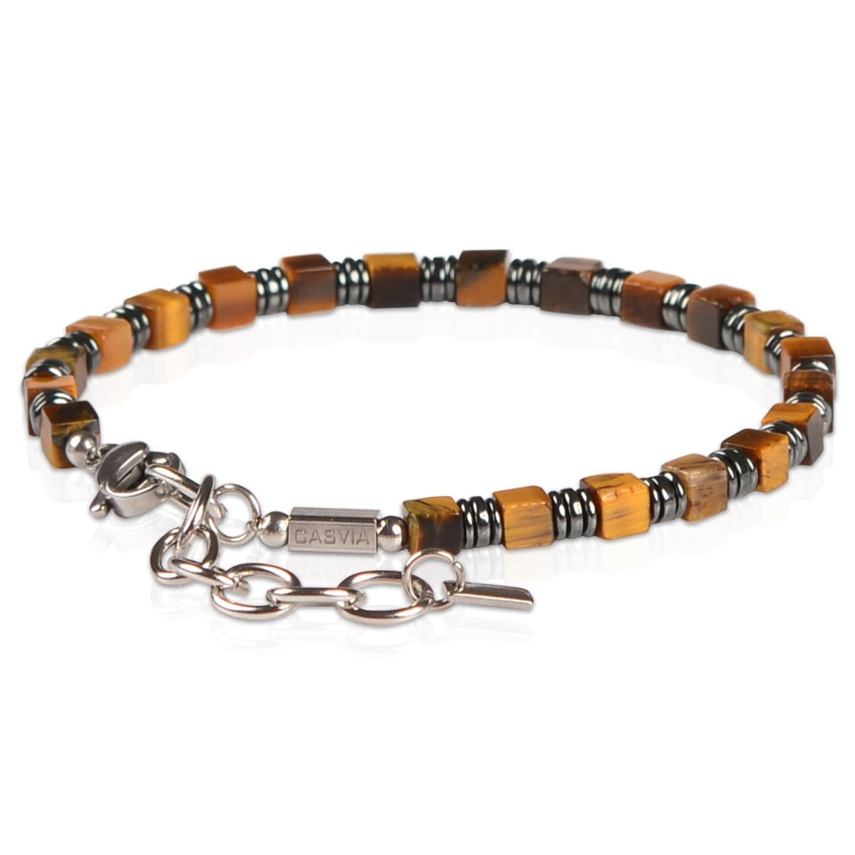 Casvia Tiger's Eye Hematite Beaded Bracelet for Men, Square Stone Adjustable Stainless Steel Chain, Handmade Stylish Jewelry Gift for Dad, Husband, Son & Friend
