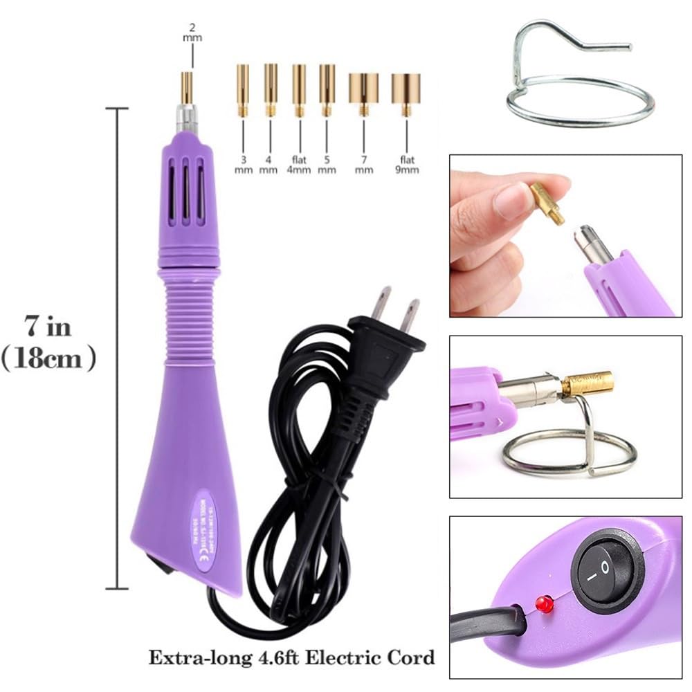 Hotfix Rhinestone Setter Applicator Hot Fix Wand Kit Tool Set with 7 Different SIzes Tips, Hot Fixed Wand Kit for Crafts Shoes Clothes Fabric Clothing ((purple))