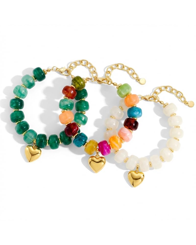 FAUTHENTICUTE Colorful Beaded Bracelets for Women Chunky Rainbow Resin Bead Strand With A Cute Gold Heart Charm Trendy Summer Beach Bracelet Boho Y2k Jewelry Gift