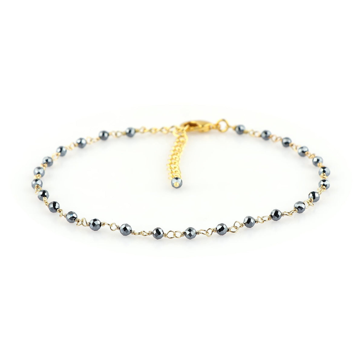 JOR Natural Hematite Beaded Rosary Anklet, Handmade Craft, Anklet Beads Bracelet, Chakra Healing Anklet, Gemstone Women Jewelry, Dainty Gold Plated Anklet 9 inch + 2 inch (1pcs)