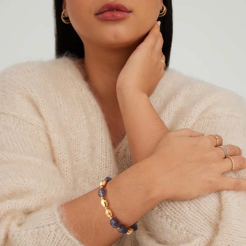 NVWAROCK Beaded Bracelet for Women, Gemstone Bracelet, 14K Gold Plated Stackable Handmade Oval Stone Bracelet Jewelry Gift - Grey