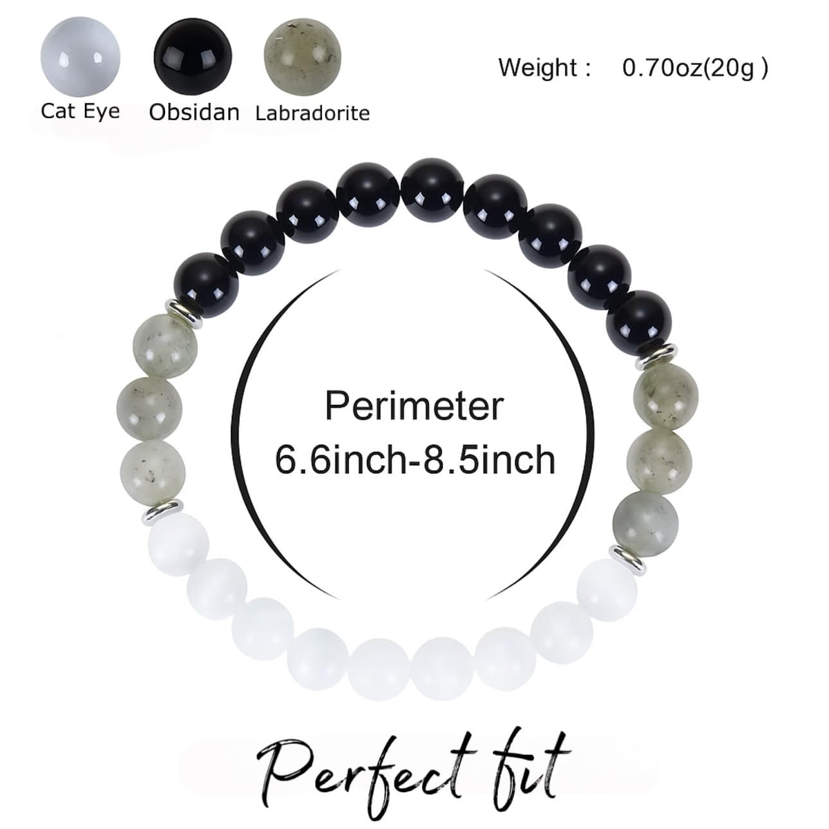 TUBIANCA Obsidian Labradorite Cat Eye Stone Bracelet – Natural Healing Crystal Energy Jewelry for Protection, Balance & Positive Energy – Handmade Gemstone Beaded Bracelet for Men & Women