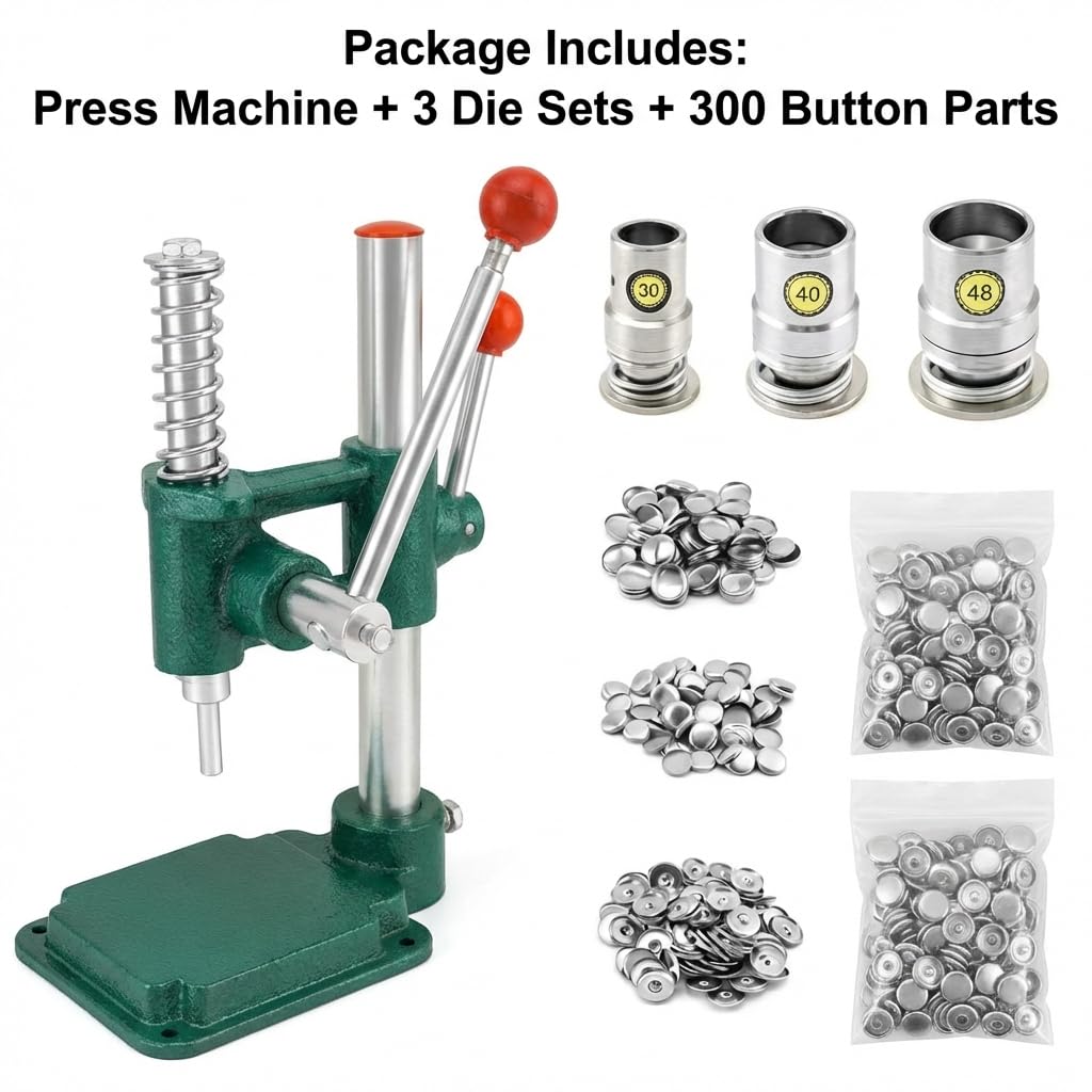QWORK Fabric Button Maker Kit with 3 Die Sizes – Adjustable Press Tool for Sewing, DIY, Upholstery, 11/16", 1", 1-3/16" Dies