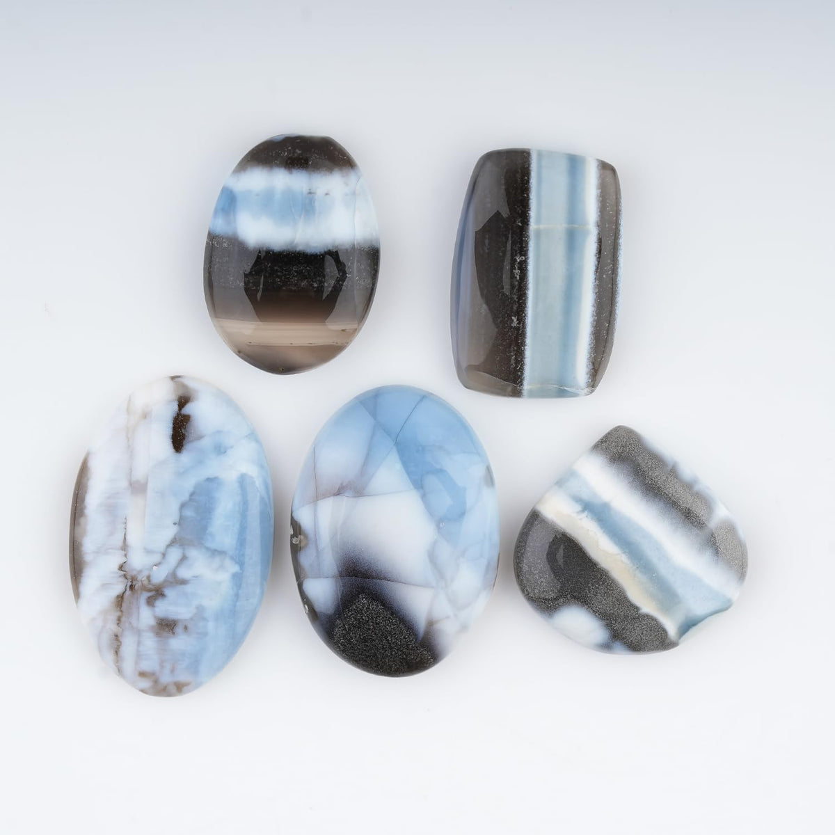 ColouredRocks (150+ carats. (5pcs.) BANDED BLUE OPAL, Mix Shape, Natural Cabochon Crystals, Loose Gemstone, Wholesale Polished Supply, Jewelry Making, DIY Craft, Gem Collection (25-30mm free size)