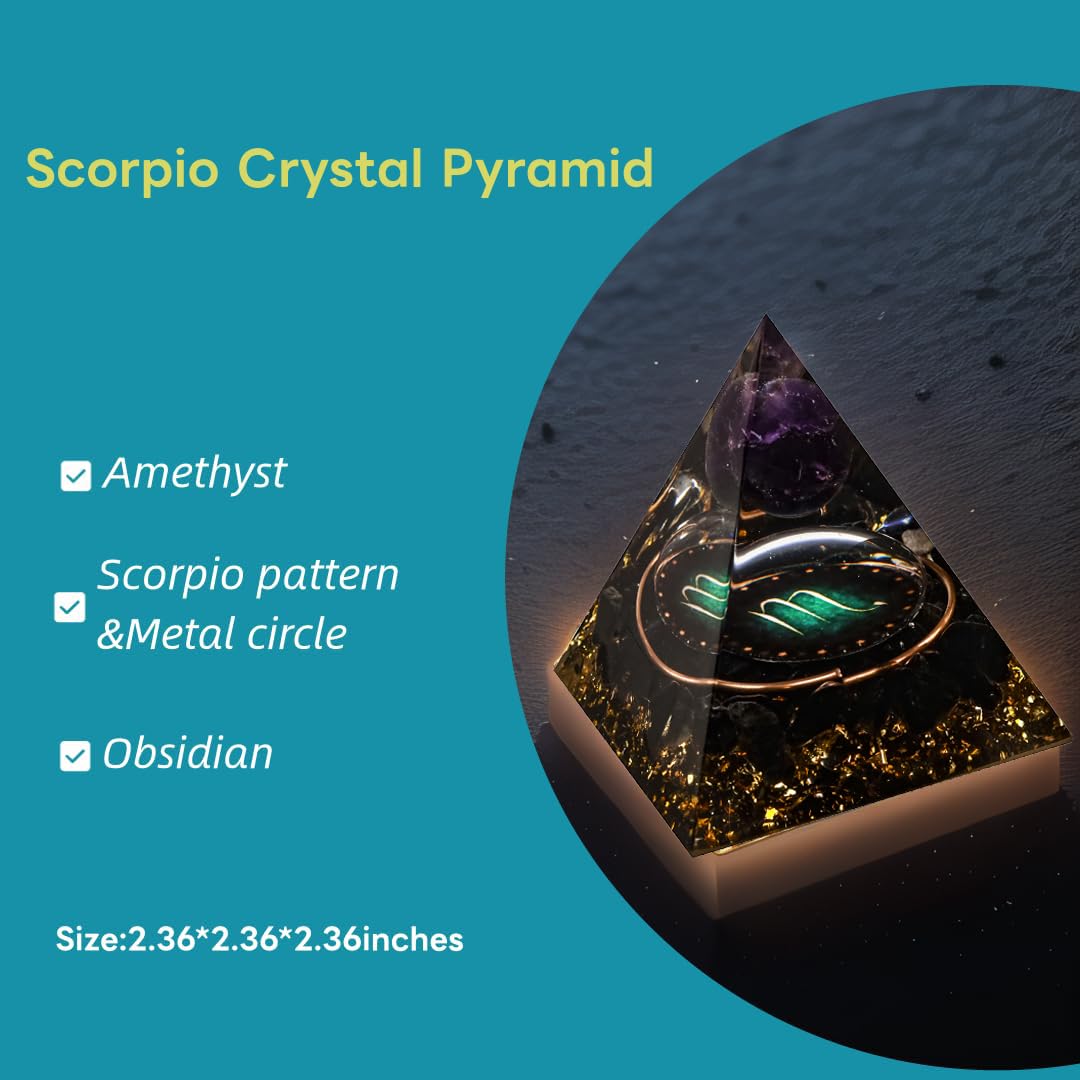 12 Zodiac Orgone Crystal Pyramid, Natural Amethyst with Obsidian,Healing Crystals Pyramid for Protection Chakra, Unique Constellation Pyramid for Positive Energy, Healing Money Health(Scorpio)