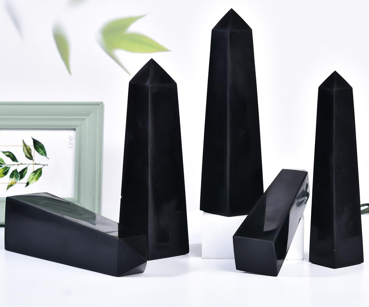 JIC Gem Large Black Obsidian Healing Crystals Wand 4 Faceted Crystal Point Obelisk Gemstone Natural Reiki Energy Stone for Meditation Crystal Grid Decoration 1.7-2.2 Lbs