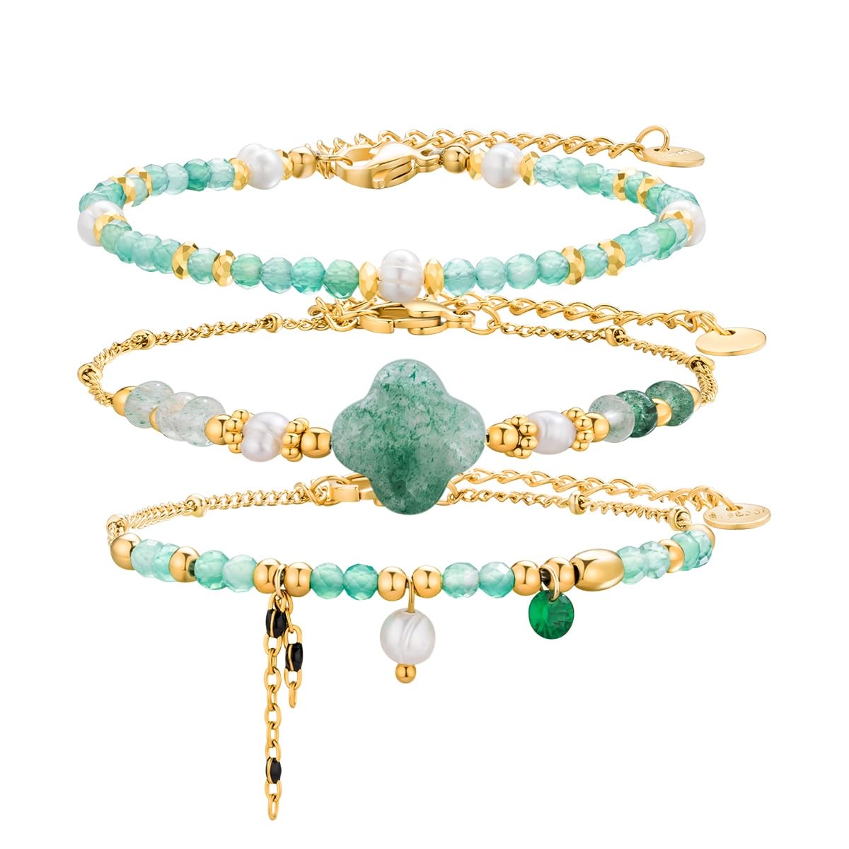 POMODA Beaded Bracelets Set for Women Stackable Healing Layered Bracelets Stack 3PCS Aquamarine Gemstone Crystal Dainty Boho Summer Jewelry for Women Natural Stone 14k Gold Plated