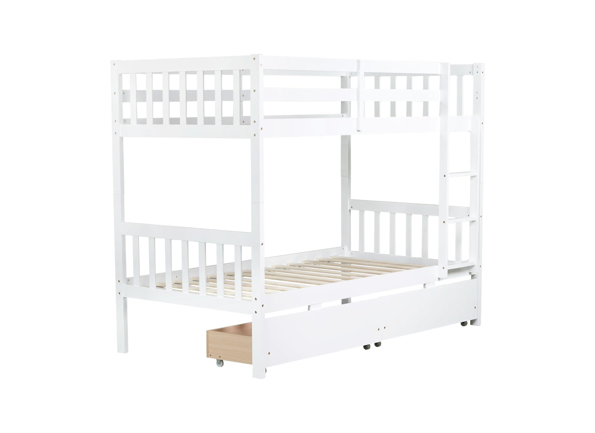 MERITLINE Wood Bunk Bed with Drawers, Convertible Bunk Bed with Ladders and Two Storage Drawers, Solid Wood Detachable Bedframe with Guardrails, Twin Over Twin, White