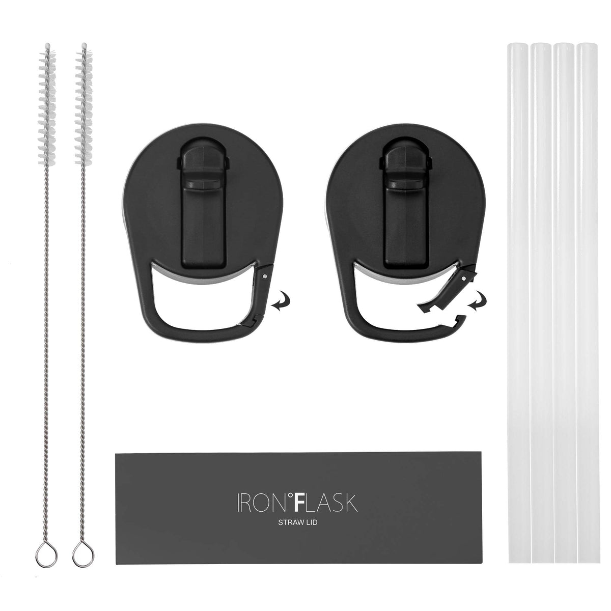 IRON °FLASK Carabiner Straw Lid for Wide Mouth Insulated Sports Water Bottles, Simple BPA Free, 2 Lids, 4 Straws, 2 Cleaning Brushes (Black)