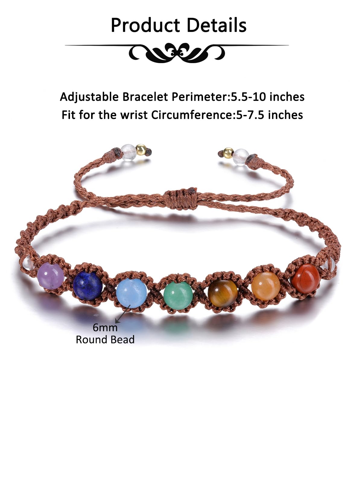 Jovivi 7 Chakras Healing Crystals Bracelet 6mm Natural Gemstone Round Stone Yoga Beads Bracelets Wrapped Rope Adjustable Handmade Jewelry Gift for Womens Men