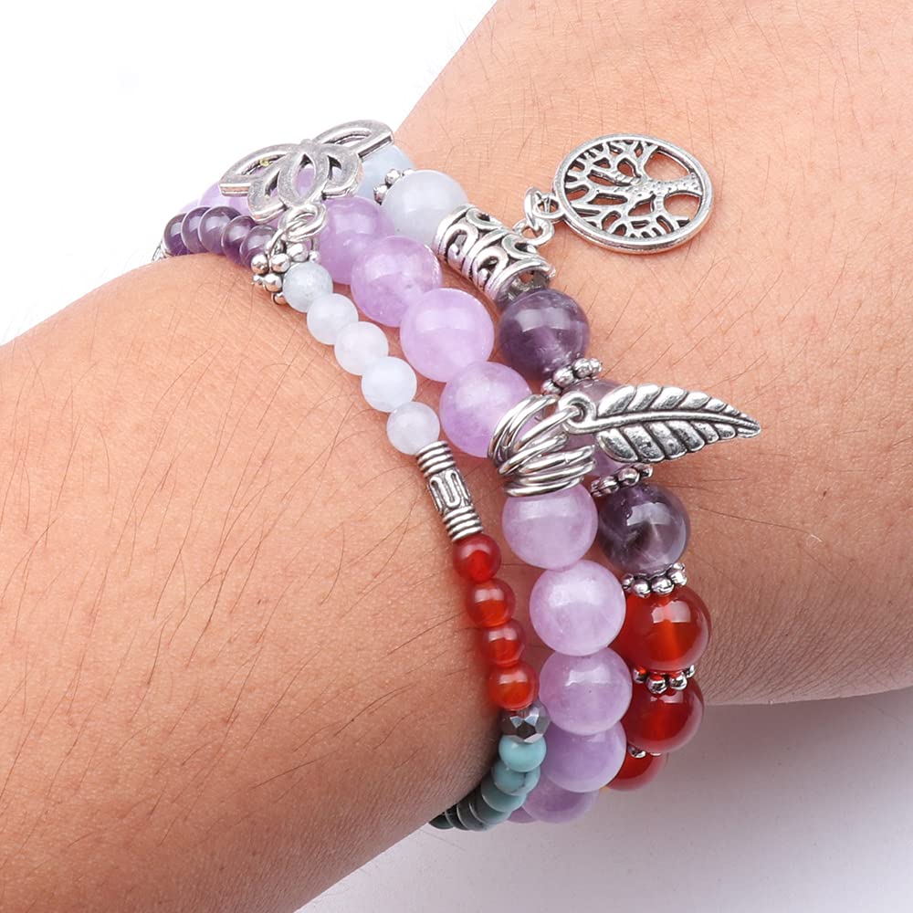 UEUC Natural Gemstone Chakra Bracelets for Women, Multilayer Tree of Life Lotus Crystal Healing Stone Bracelet Sets, Yoga Meditation Reiki Relax Bracelets for Stress Relief(#124)