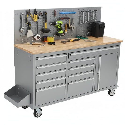 GAOMON 61-inch Rolling Tool Chest, 10 Drawers Garage Workbench Storage Tool Cabinet with Power Strip, Solid Rubber Wood Top, 1675 LBS Load Mobile Workstation, Heavy Duty Rolling Cabinet, Silver