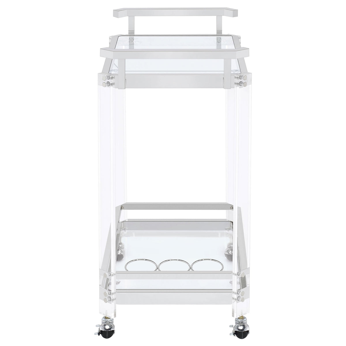 BOWERY HILL Bar Cart, Chrome Finish, Acrylic and Metal Frame with Glass Shelves, 35" H x 28.5" W x 17.25" D, Wine Bottle and Stemware Racks, Contemporary Style Serving Cart with Wheels