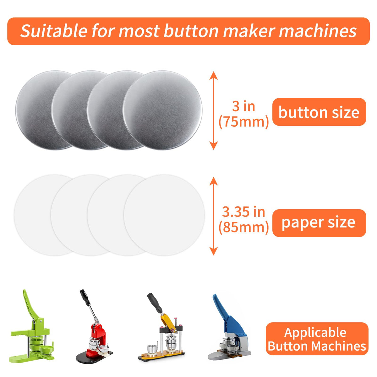 100 Sets 75mm/3inch Button Making Supplies, Pin Back Button Parts for Badge Maker Machine, Including Plastic Badge Pin Back Cover, Metal Covers,Blank Paper and Clear Plastic Film