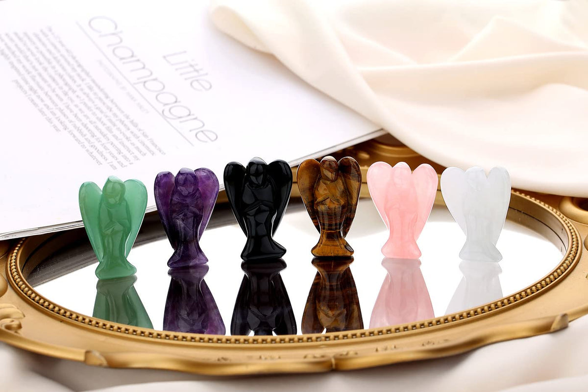 QINJIEJIE 5PCS Crystal Angel Decor Amethyst Rose Quartz Opal Black Obsidian Tiger Eye Polished Stones Statue Cute Carved Gemstone Room Office Desk Guardian Angel Home Reiki Pocket Gift for Women