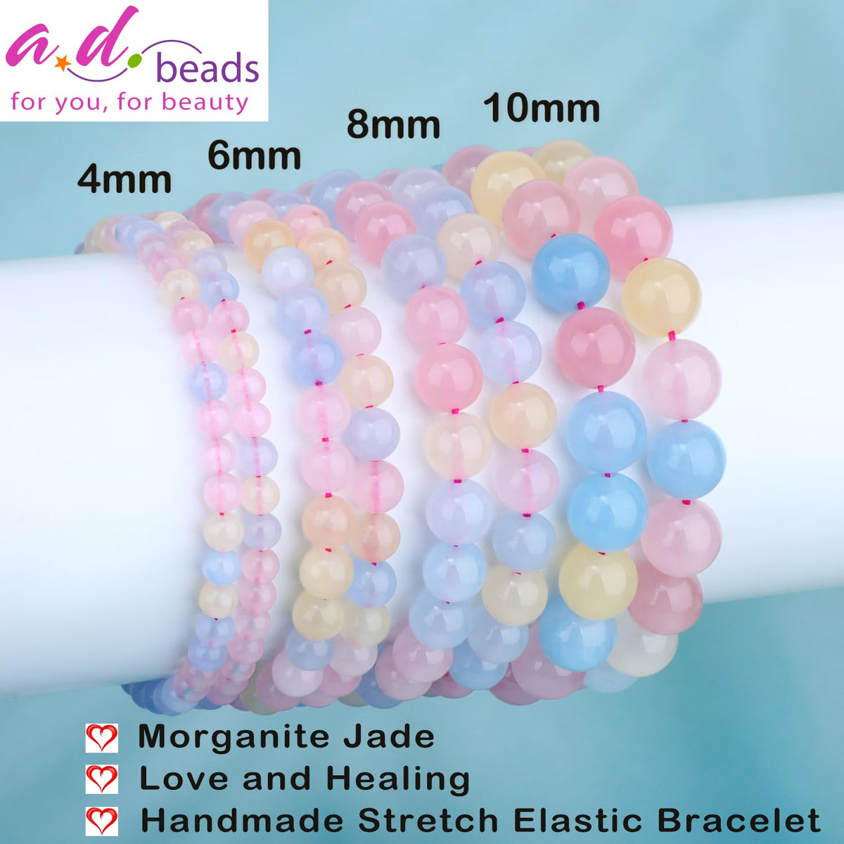AD Beads 10mm Handmade Morganite Jade Elastic Bracelet – Natural Gemstone for Joy & Positivity – Meditation, Yoga, Healing and Energy Gift for Men Women