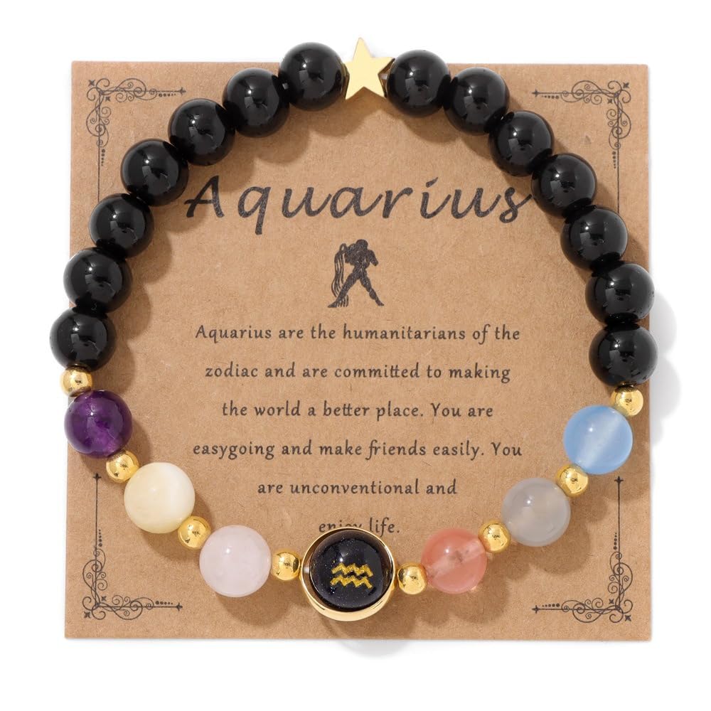 COLORFUL BLING Zodiac Bracelets for Women Men 12 Constellations Healing Crystal Stretch Bracelet Zodiac Sign Natural Stone Beaded Bracelet Horoscope Spiritual Jewelry Birthday Gift -Aquarius