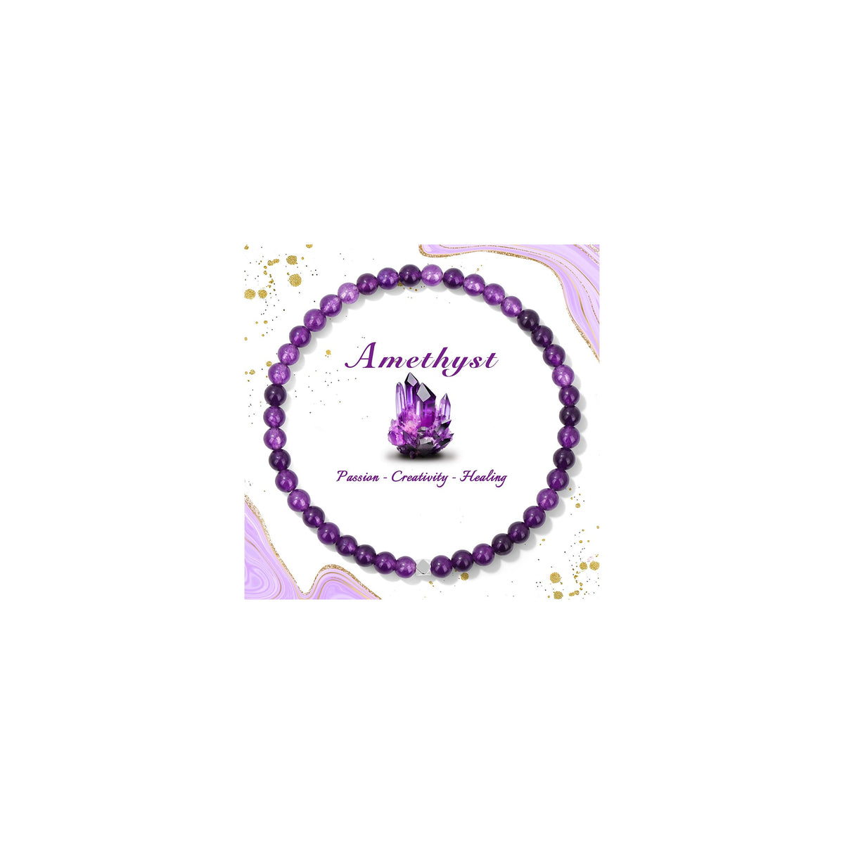 Raicegs 4MM Amethyst Beaded Bracelets Healing Crystal Bracelet for Women Men Natural Stone Handmade Stretch Bracelet Reiki Spiritual Jewelry