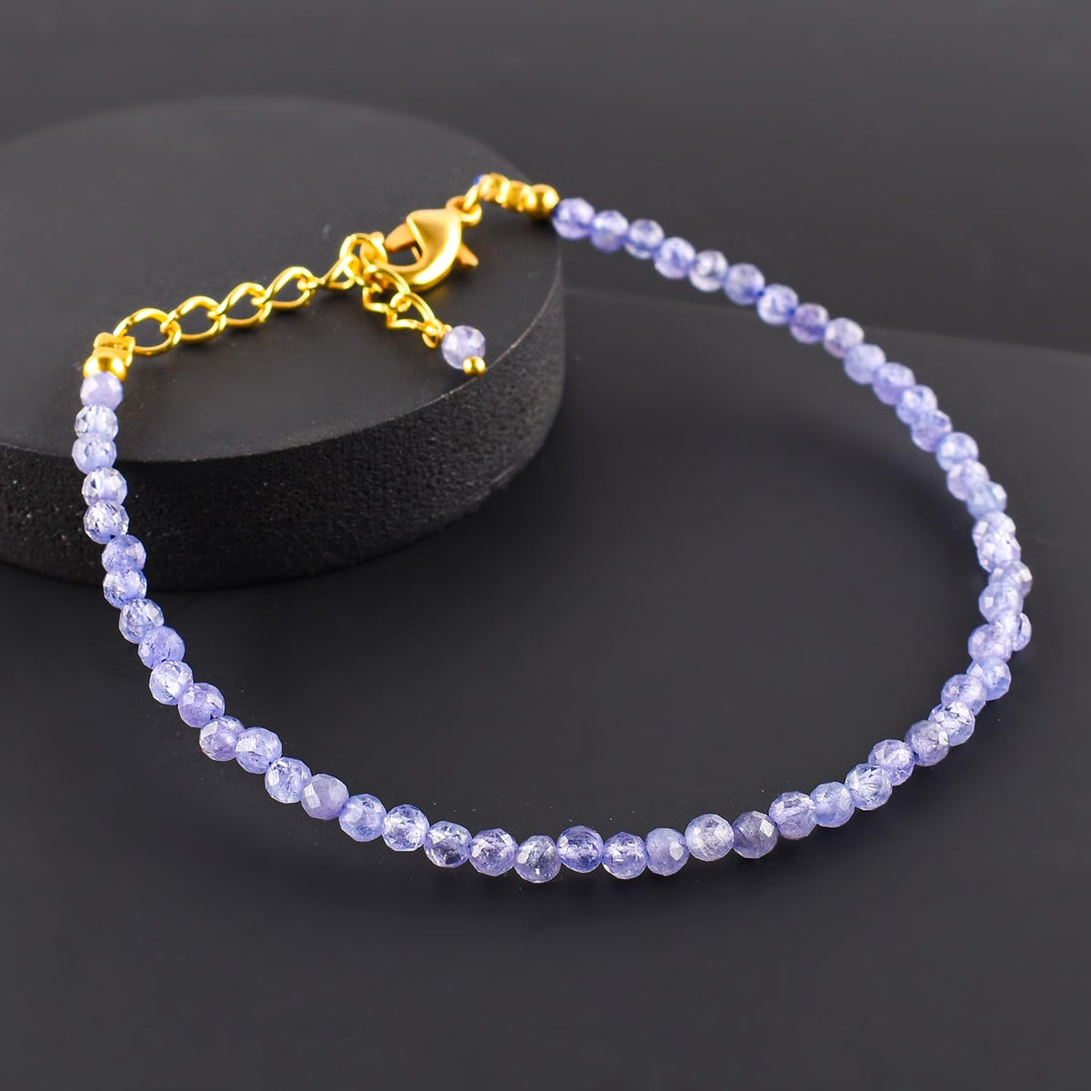 Natural Blue Tanzanite Gemstone Micro Beads Dainty Bracelet Jewelry for Women, December Birthstone, Chakra Energy Crystals, 14k Gold Plated Chain 8 inch Adjustable