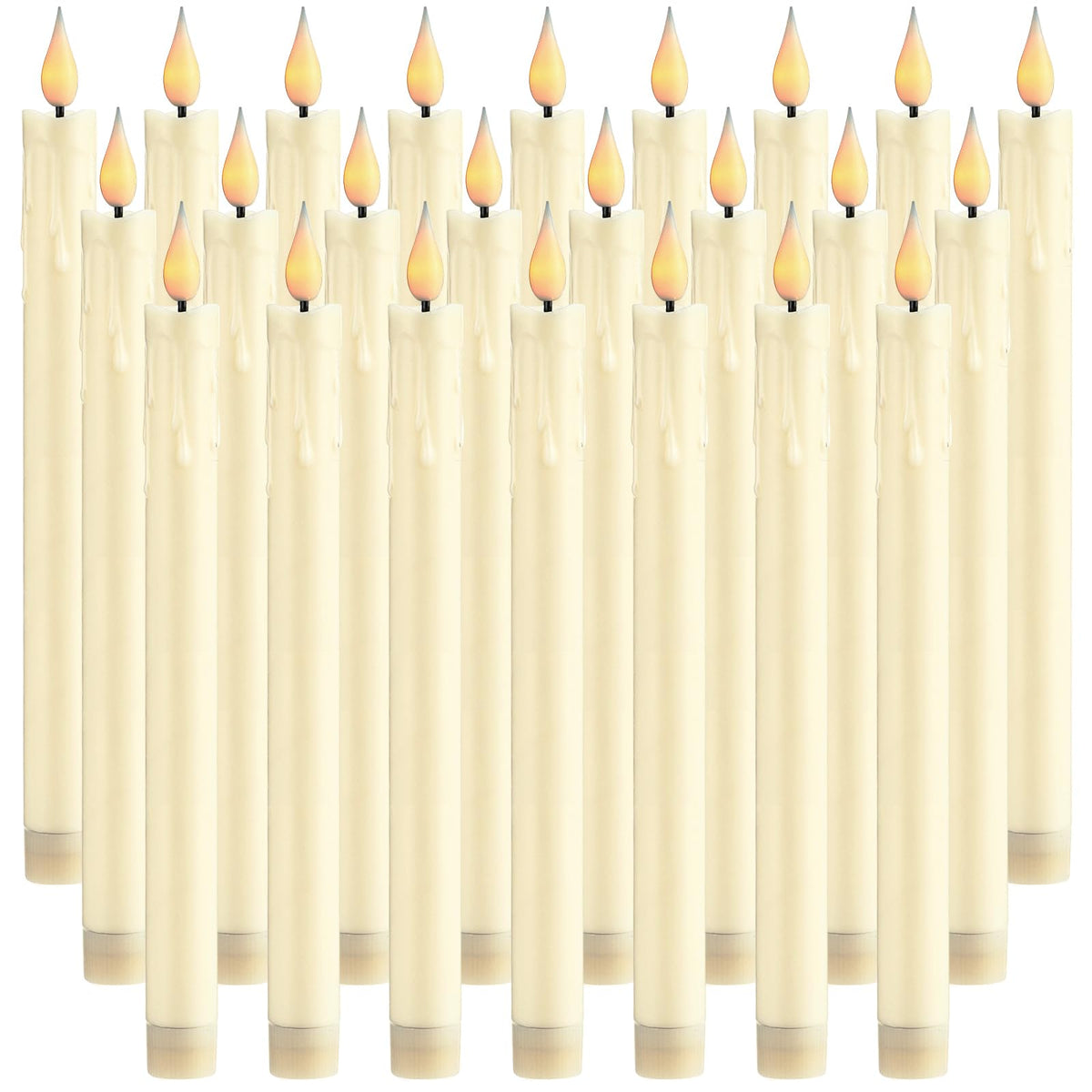 Baquler 24 Pcs 10 Inch Ivory Flameless Taper Candles LED Candle Sticks Battery Operated Flickering LED Candlestick Window Plastic Candle for Wedding Halloween Christmas Decor(No Battery)