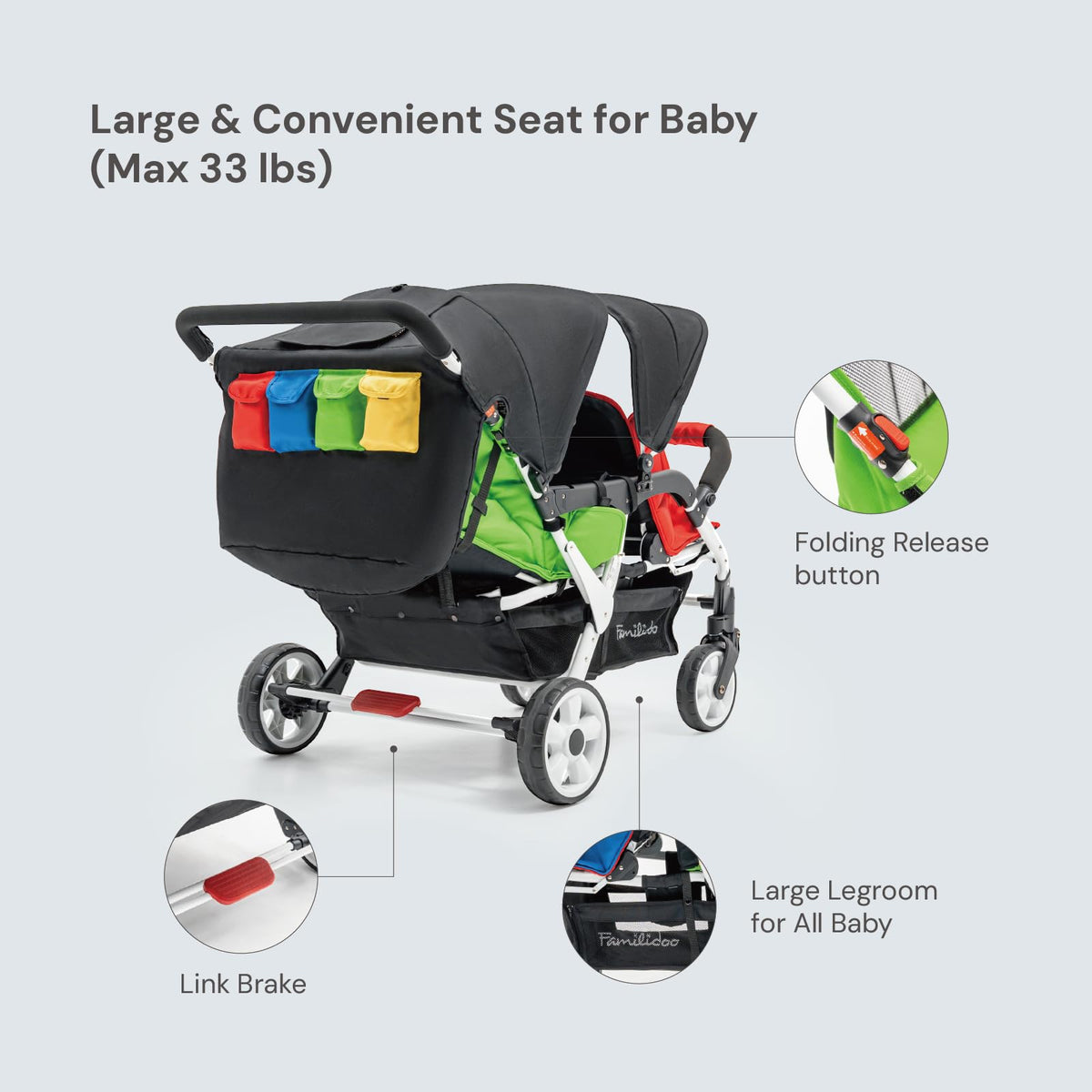 Familidoo H4E Quad Stroller Wagon for Kids, 4-Seater Daycare Baby Stroller with 5-Point Safety Harness, Lightweight & Foldable with All Reclining Seats, Double Canopy & Rain Cover – All-Terrain Wheels