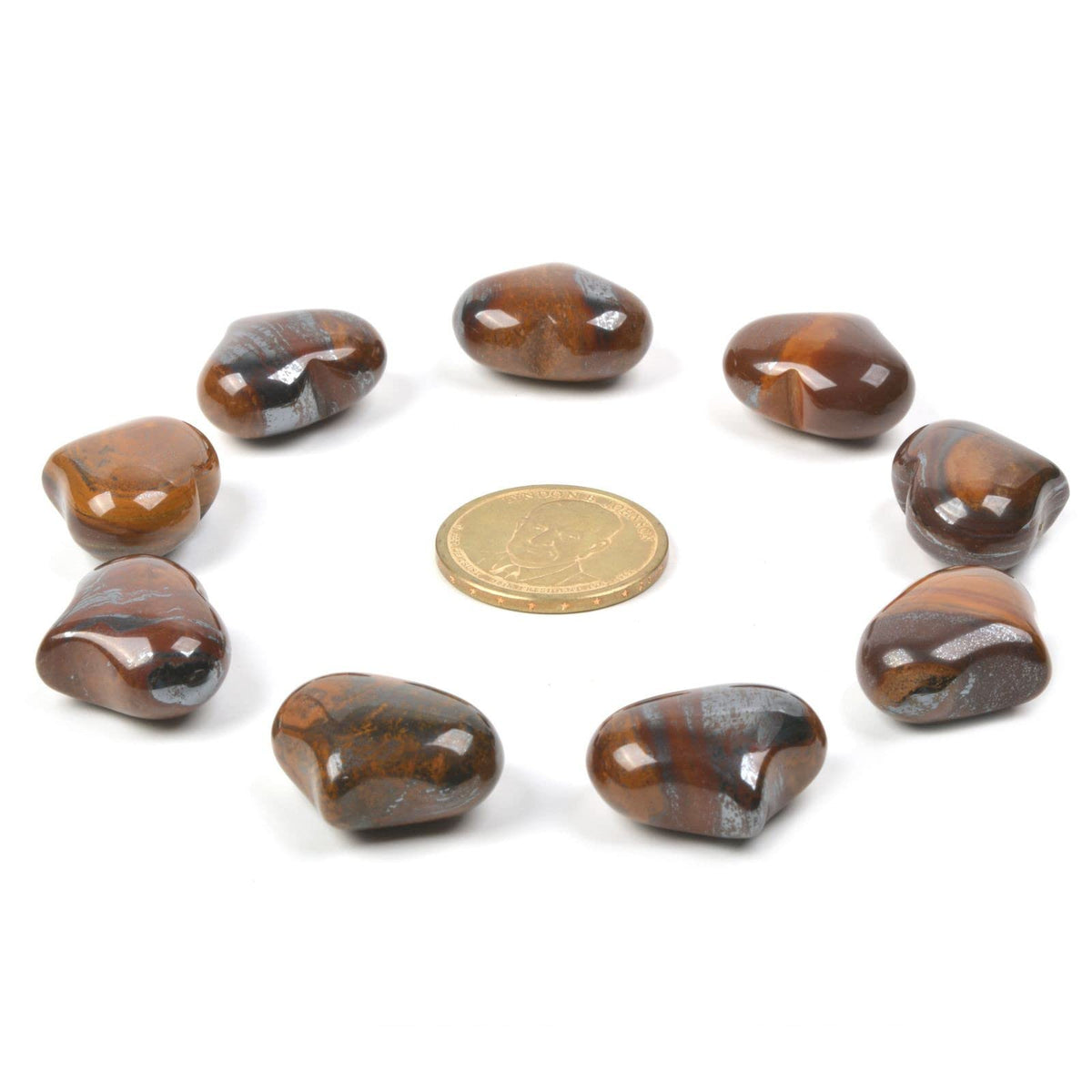 Natural Tiger Iron Gemstone Healing Crystal 1 inch Mini Puffy Heart Pocket Stone Iron Gift Box (Pack of 10)