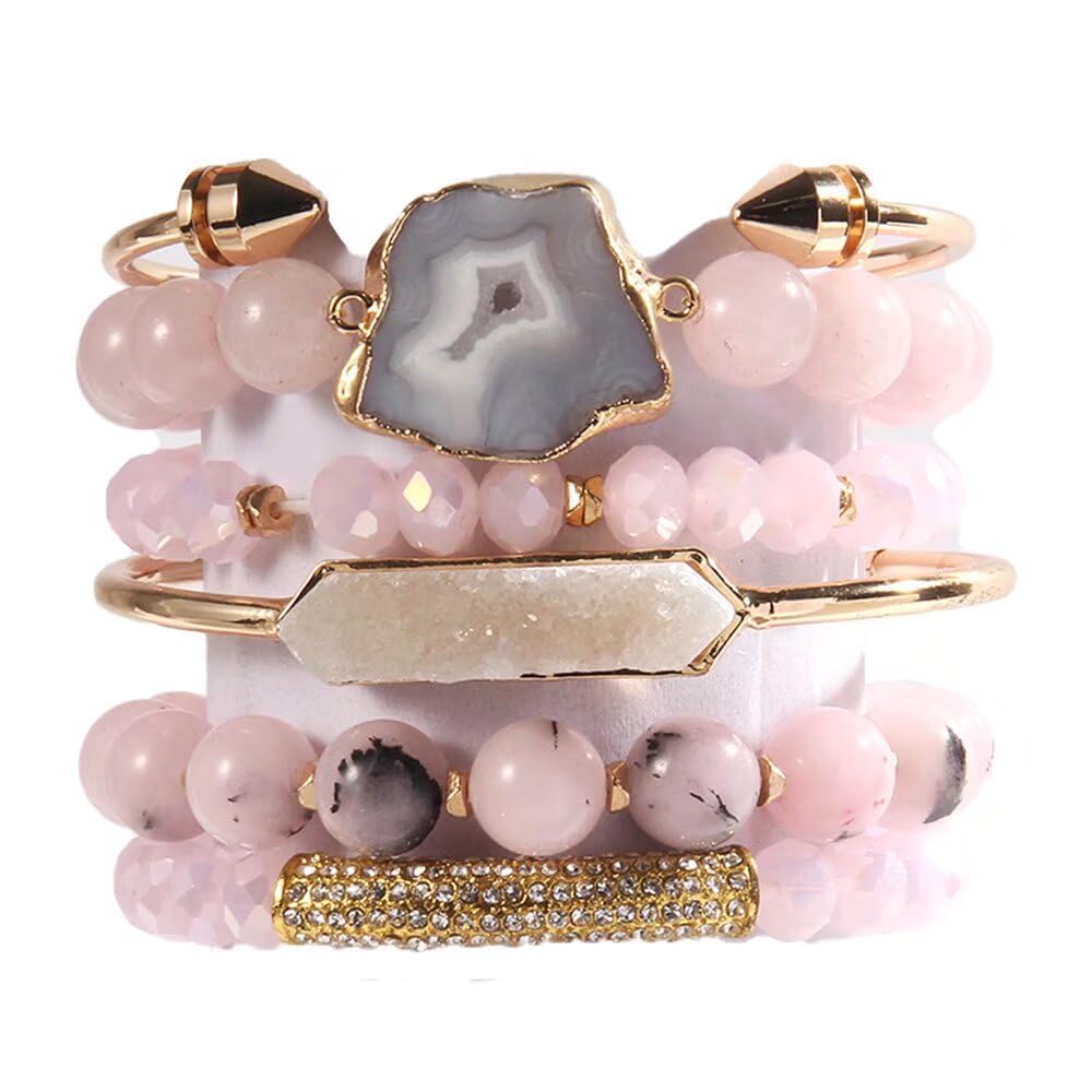 Yomisa 6PCS Natural Boho Beaded Bracelets Bangle for Women,Healing Turquoise Tiger eyes Agate Crystal Gemstone Stone Diamond Chakra Multi Wrap Bohemian Handmade Jewelry Beads Stretch Bracelet Set