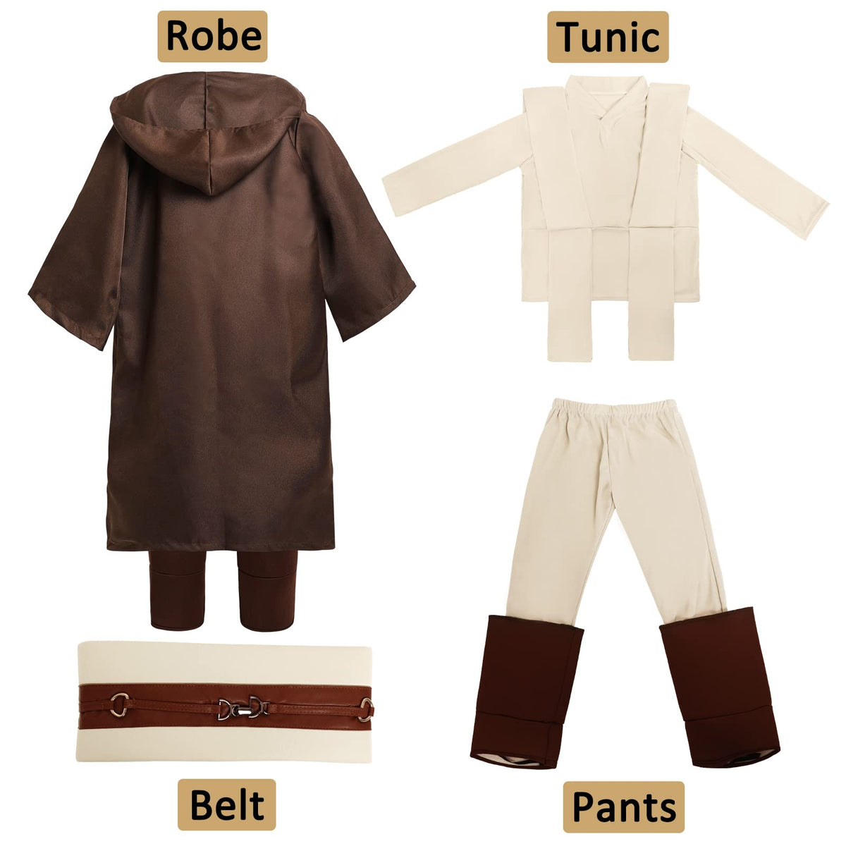 Kuberas Kids Costume Tunic Hooded Robe Pants Belt Shoes Cover Lightsaber Halloween Cosplay Outfit Boys 3-12 Years