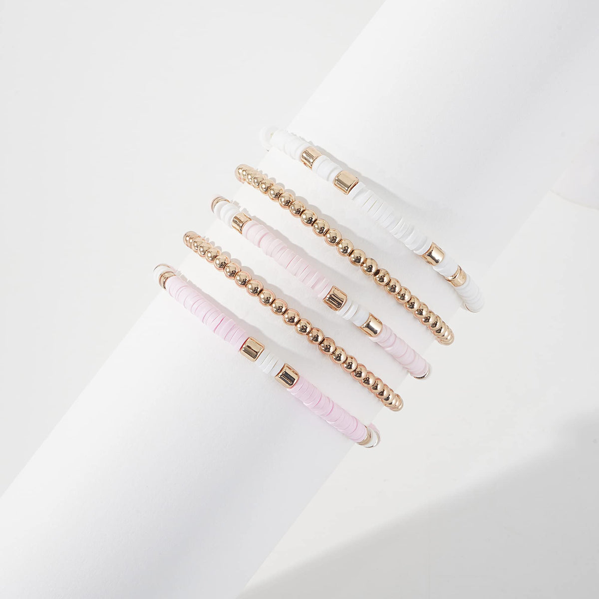 GOOJIDS Surfer Heishi Clay Bead Bracelets for Women Bohemian Stackable Gold Plated Beaded Stretch Bracelets Elastic Layering Friendship Bracelets Set Boho Jewelry