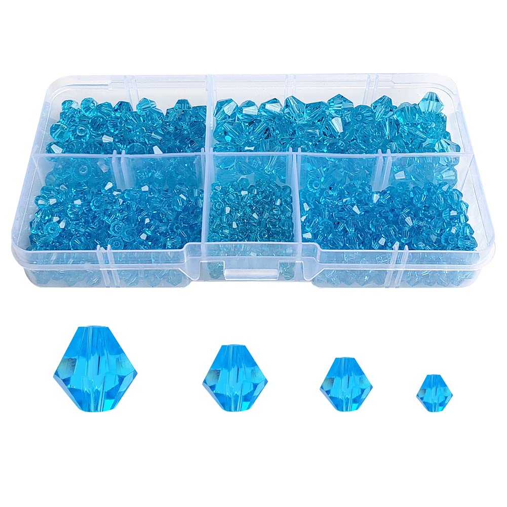Chengmu Aquamarine Bicone Glass Beads for Jewelry Making, Faceted Crytal Spacer Beads for Bracelet Necklace Earring (3mm 4mm 6mm 8mm Mixed Sizes, 1040pcs)