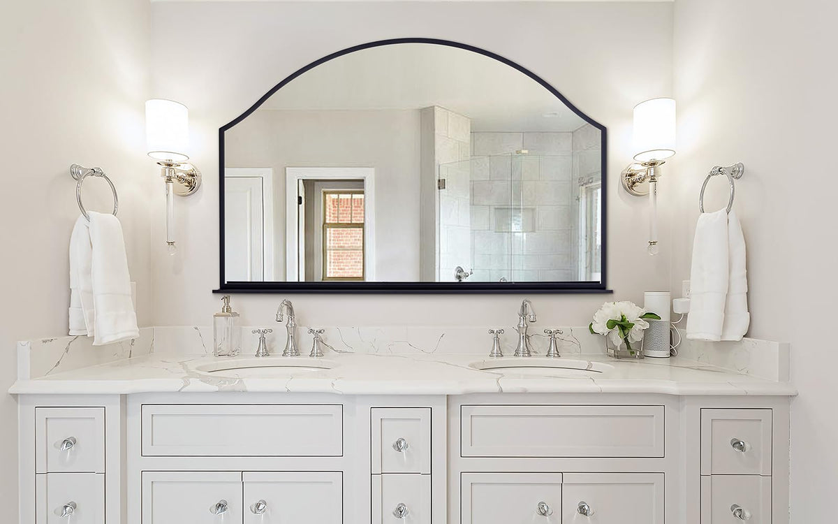 Chende 47''x32'' Large Wall Mirrors for Decor, Black Bathroom Mirror with Removable Shelf, Elegant Scallopd Mirror with Arched Frame for Entryway, Living Room, Mantel, Bedroom