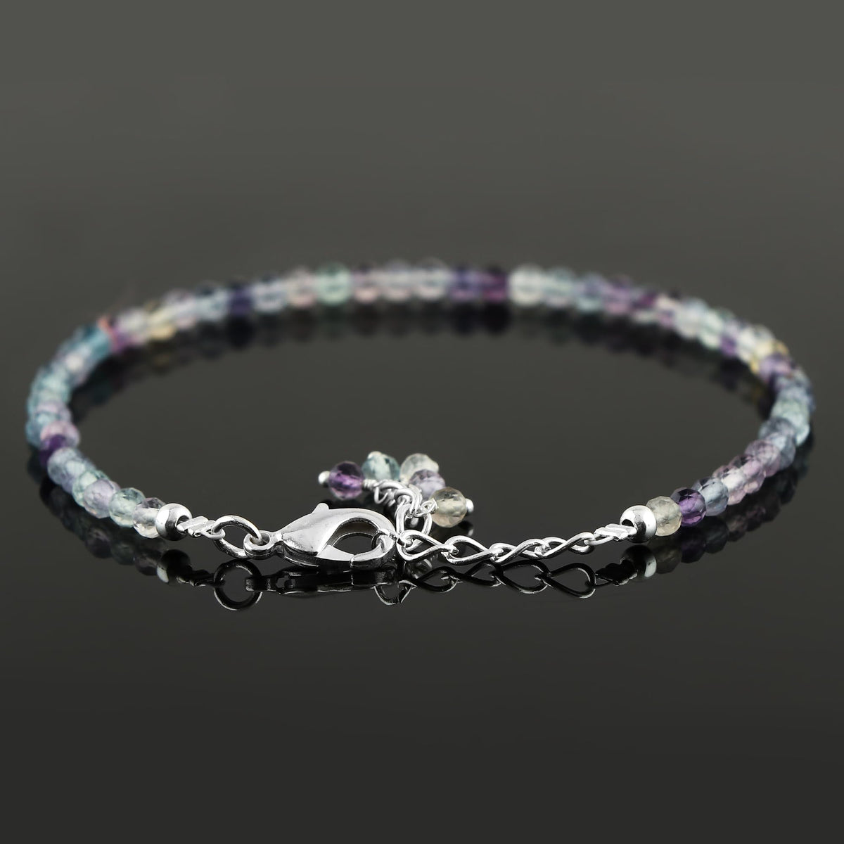 CRYSTALINES Natural Multi Fluorite Gemstones Beads Bracelets, Real Crystals Jewelry, Birthstone, Handmade, Beaded Bracelet, Silver Plated, Adjustable Chain- 7+1inch, Women Bracelet, AAA Grade