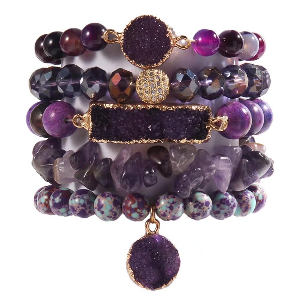 Yomisa 5PCS Natural Boho Beaded Bracelets for Women Men,Healing Turquoise Jasper Agate Crystal Gemstone Stone Diamond Chakra Multilayer Wrap Bohemian Handmade Jewelry Beads Stretch Bracelet Set