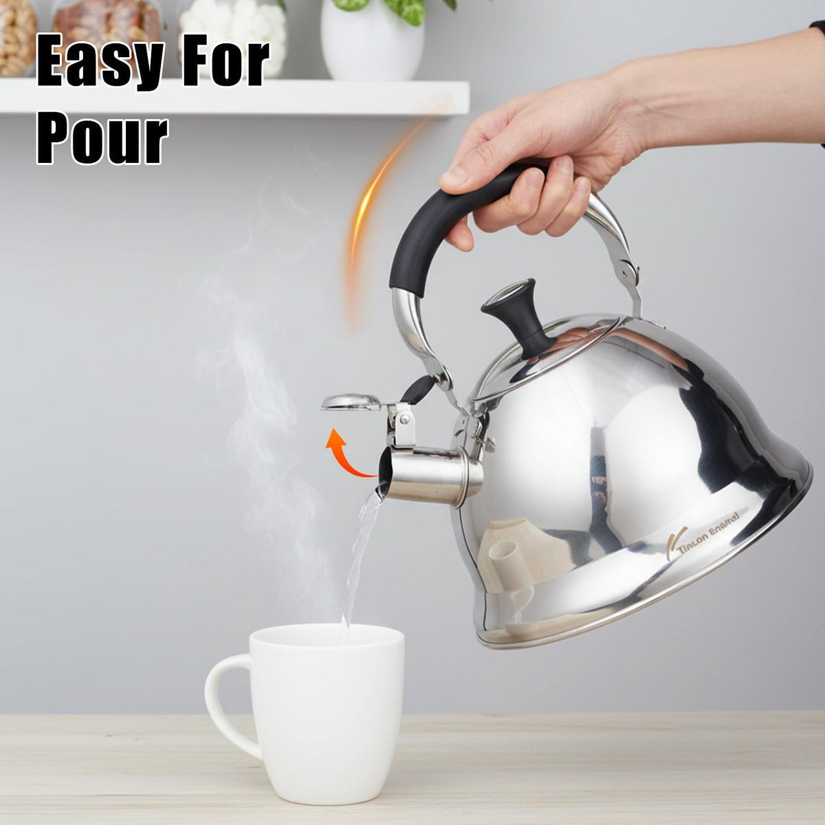 Tinlon Enamel Stainless Steel Whistling Tea Kettle Stovetop - 3.1QT Tea Top Mirror Finish, 304 Stainless Interior, Foldable Handle, Fast Heating for Tea, Coffee & Gifts