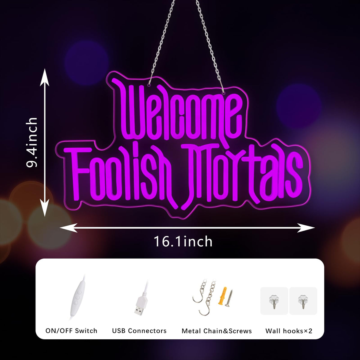 Halloween Welcome Foolish Mortals Neon Sign, Dimmable Gothic Haunted Coffin Halloween Decoration, USB Powered Neon Light, Wall Decor for Home, Bar & Party (Comes with Hooks, Nails and Adhesive Hooks)